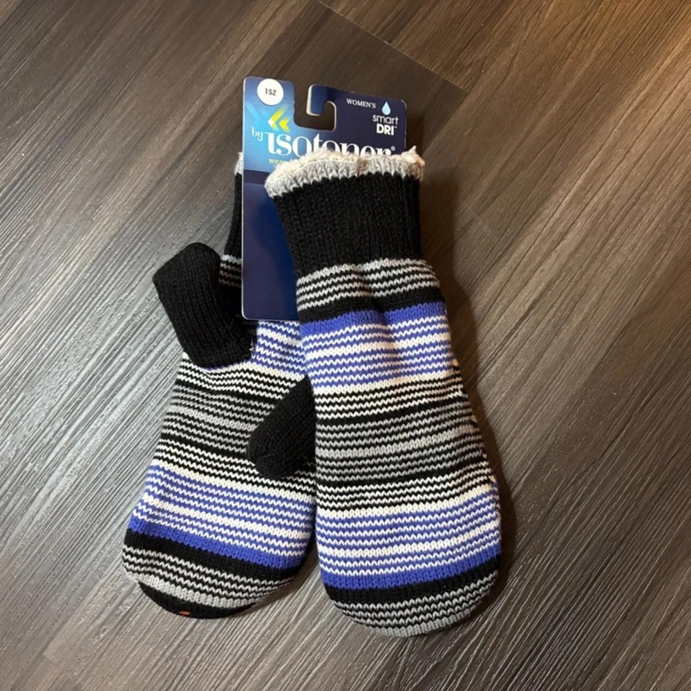 isotoner Women's Black, White & Blue Striped Knit Mittens